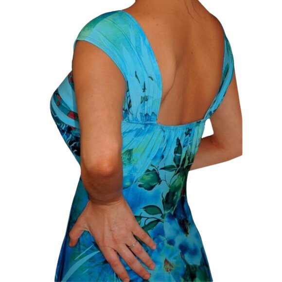 Blue Green Tropical Midi Dress 18/20 Empire Waist Slinky Stretch Sweetheart Neck - Picture 4 of 9